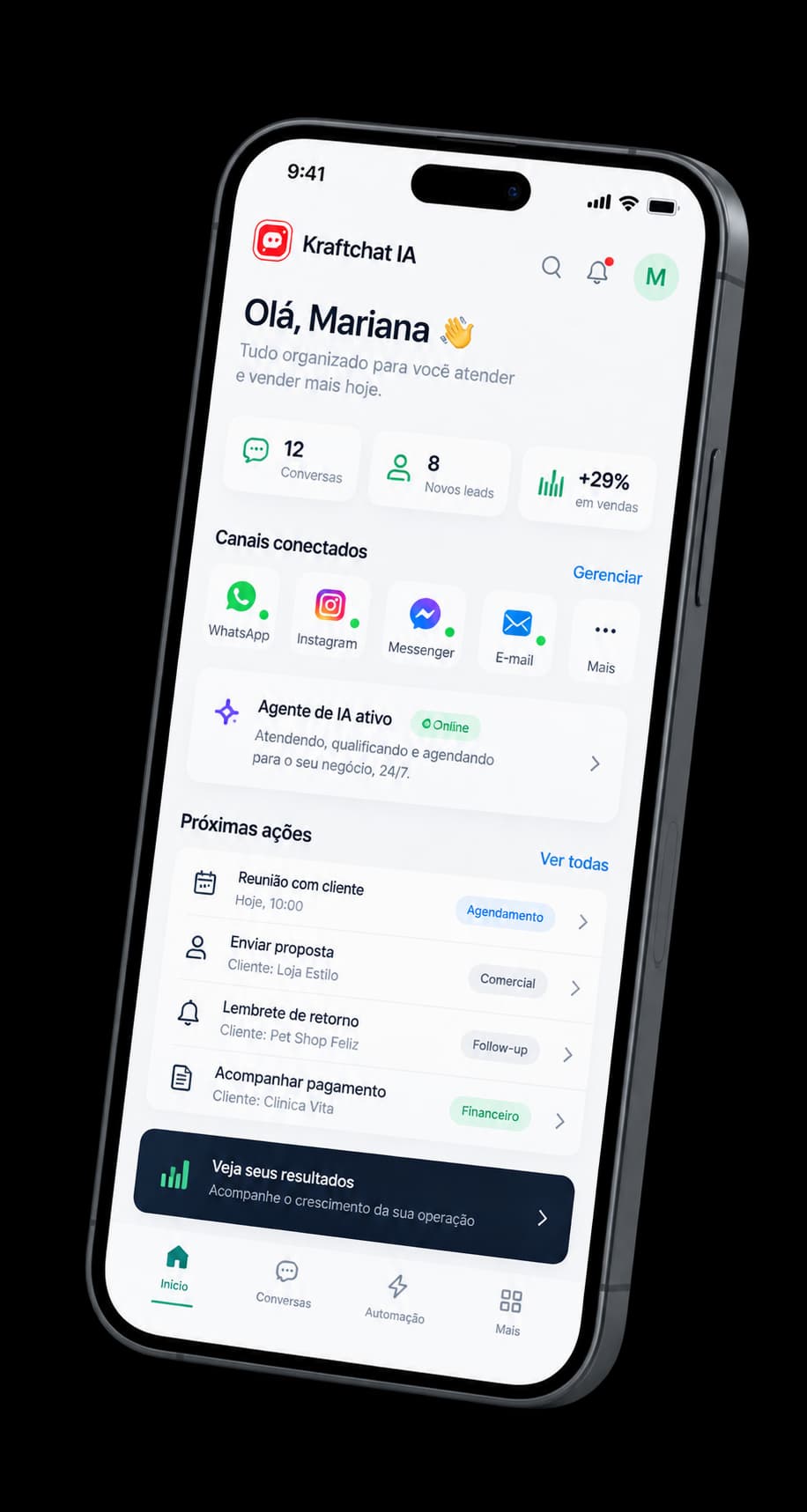 Aplicativo mobile do Kraftchat com canais conectados e agente de IA ativo