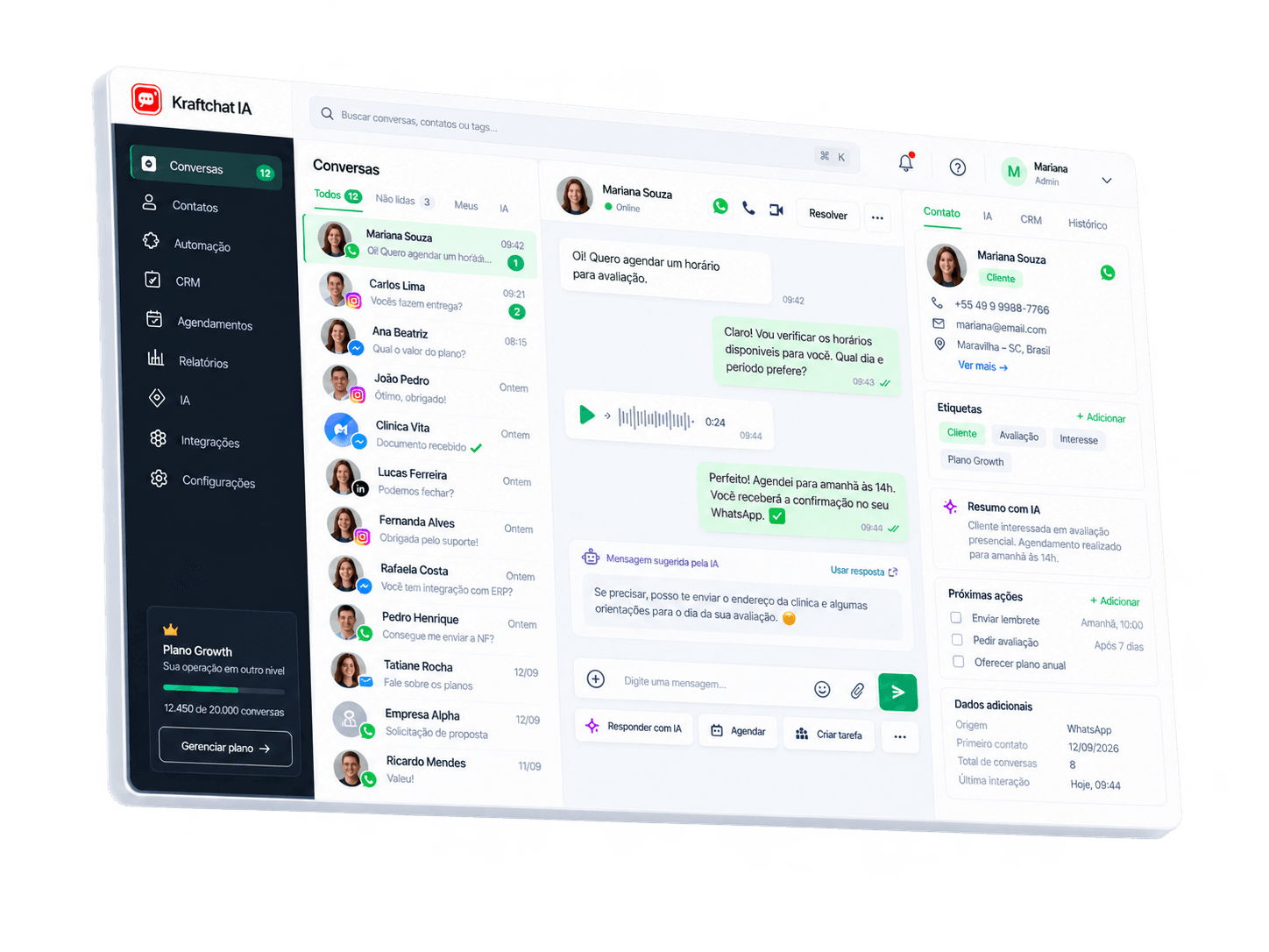 Dashboard desktop do Kraftchat em perspectiva com conversas, CRM e resposta sugerida por IA